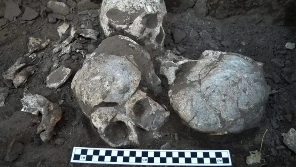 Four skulls in a pit outside the burial house.