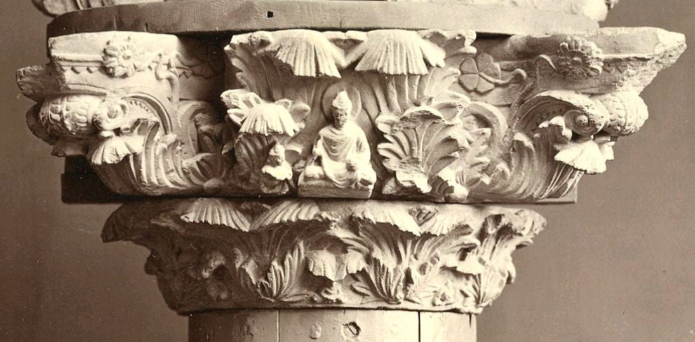 Greek Corinthian capital with the Buddha in the center, from Jarmal Garhi