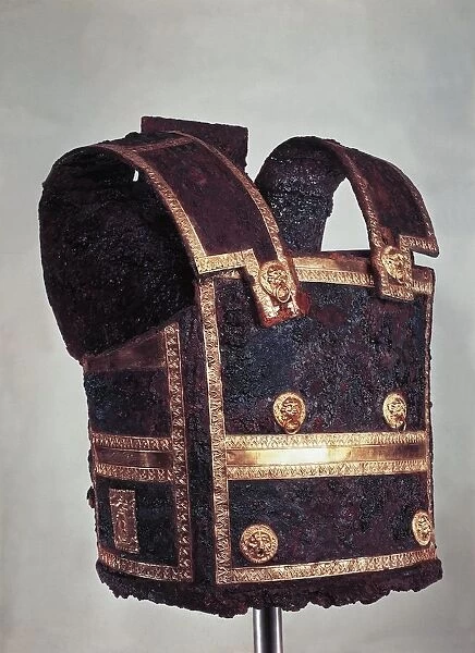 Iron breastplate armor with gold decorations of the King Philip II of Macedon, from the Royals Tombs at Vergina, Greece