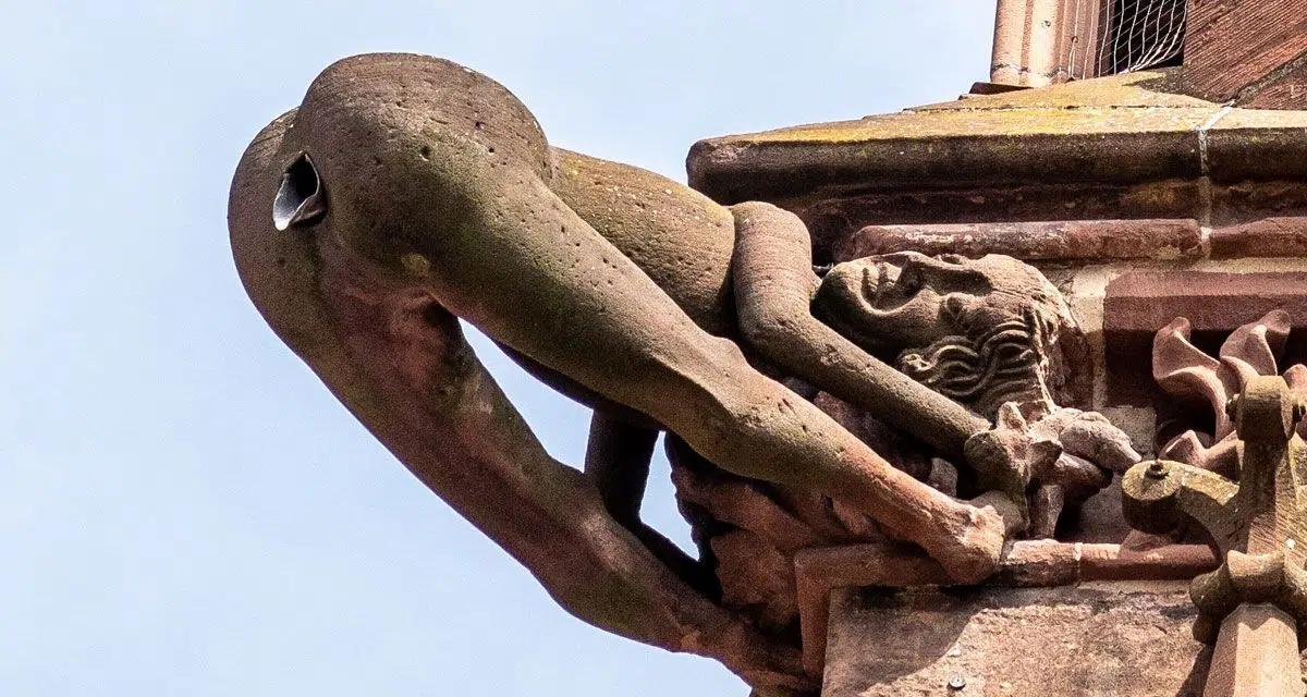 The mooning gargoyle of Freiburg minster. Legend has it that a disgruntled stonemason created this gargoyle and positioned in the the direction of the city council building. Council members had commissioned him