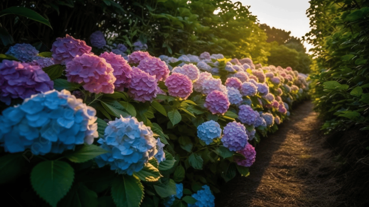 Beautiful Path With Pink And Blue Hydrangea Flowers Background, Beautiful  Hydrangea Flowers In Full Bloom In Summer, Hd Photography Photo, Flower  Background Image And Wallpaper for Free Download