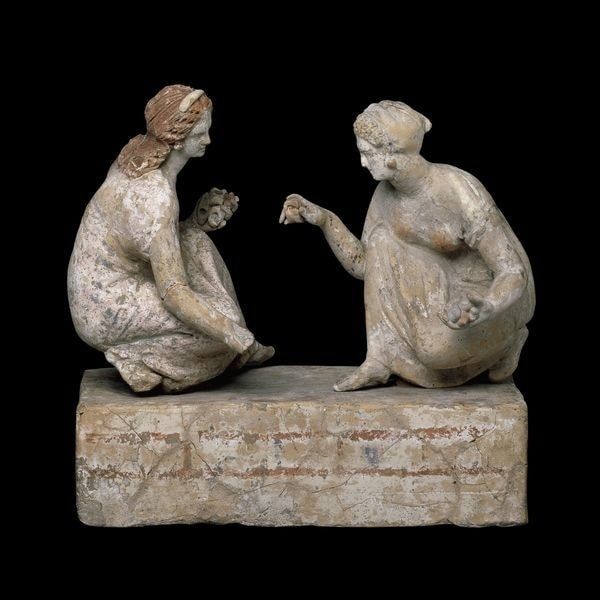 Etruscan Clay Figurine with Two Girls Playing Knucklebones – A Lively Moment from Etruscan Society